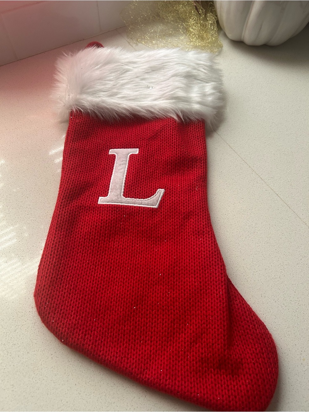 Personalized Red Kids Christmas Stocking with White Faux Fur Cuff - Letter L